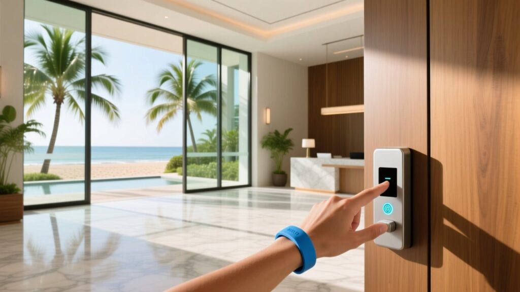 Happy hotel guest wearing waterproof RFID silicone wristband touching door lock sensor at a luxury beach resort