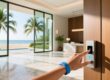Happy hotel guest wearing waterproof RFID silicone wristband touching door lock sensor at a luxury beach resort