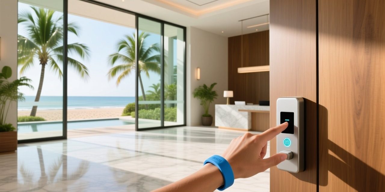 blog-cover-1784188451887 Happy hotel guest wearing waterproof RFID silicone wristband touching door lock sensor at a luxury beach resort