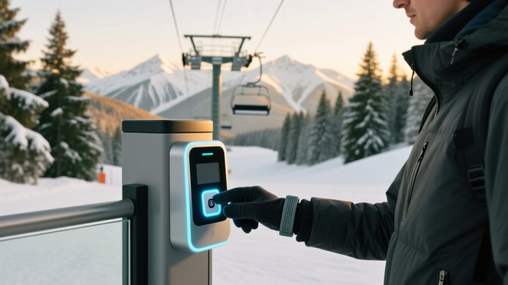Ski resort guest tapping RFID silicone wristband at lift gate access point