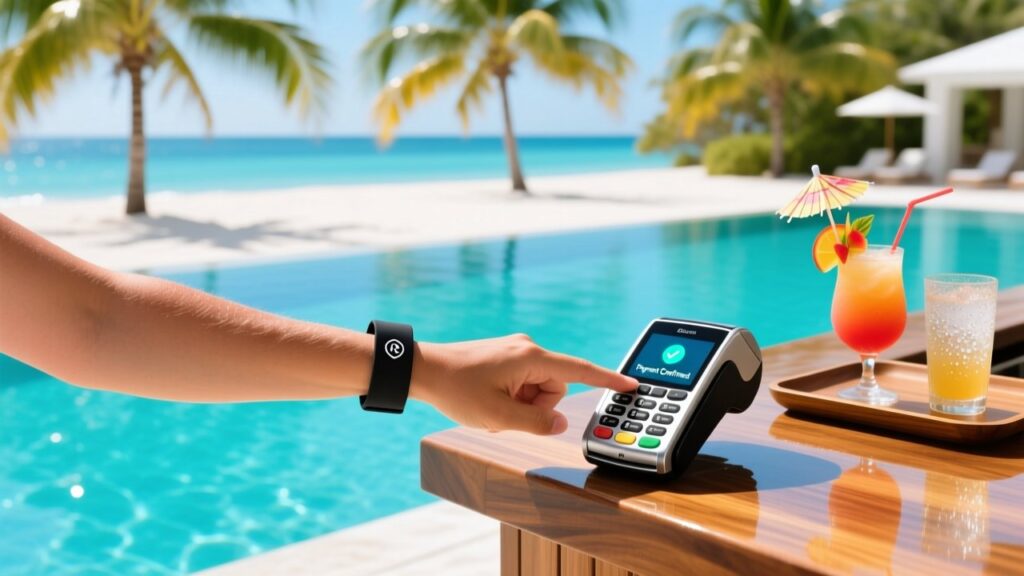 Waterproof silicone RFID wristband being tapped on a poolside payment terminal at a luxury all-inclusive resort, with ocean and palm trees in background