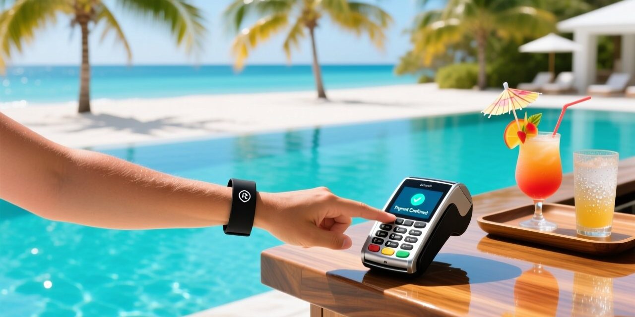 Waterproof silicone RFID wristband being tapped on a poolside payment terminal at a luxury all-inclusive resort, with ocean and palm trees in background