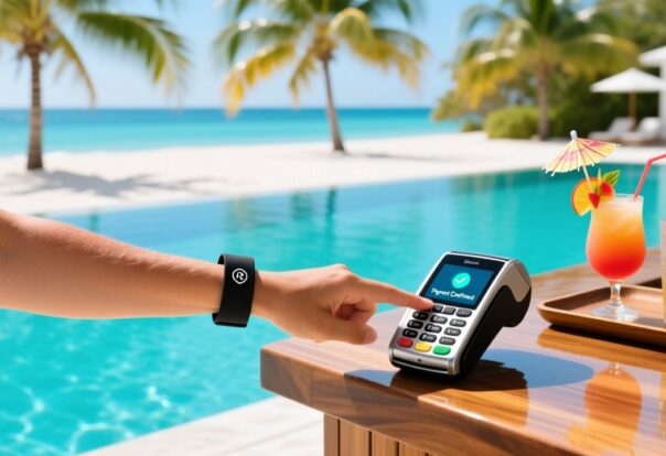 Waterproof silicone RFID wristband being tapped on a poolside payment terminal at a luxury all-inclusive resort, with ocean and palm trees in background