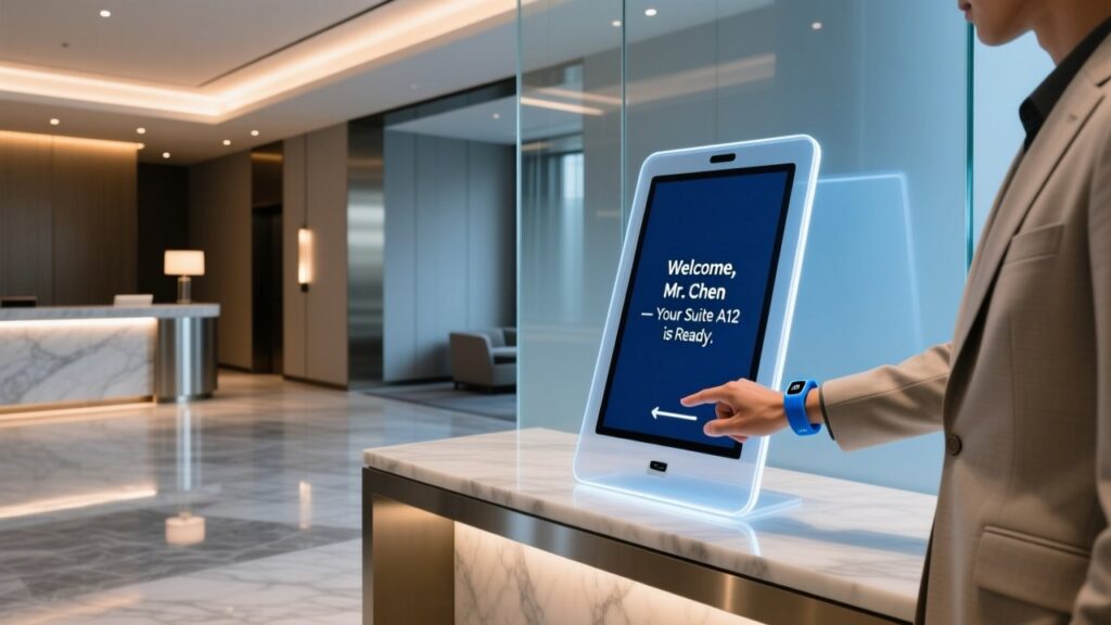 Luxury hotel guest tapping NFC wristband at digital check-in kiosk in modern lobby