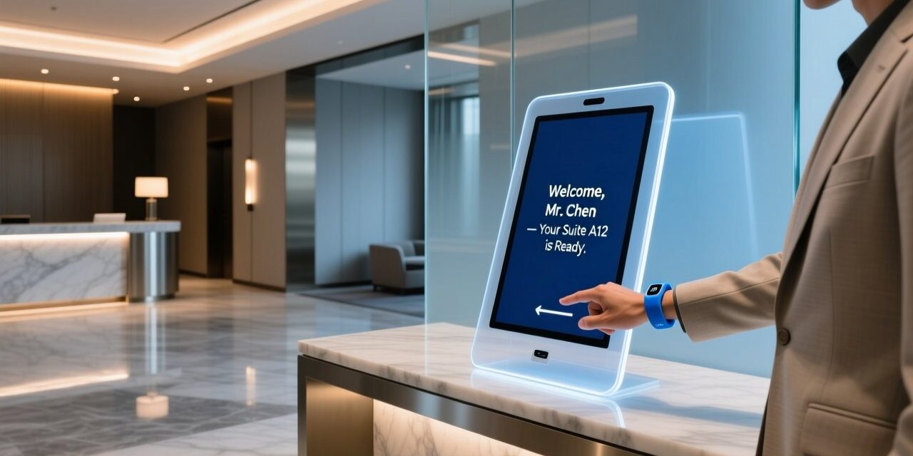 Luxury hotel guest tapping NFC wristband at digital check-in kiosk in modern lobby