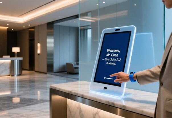 Luxury hotel guest tapping NFC wristband at digital check-in kiosk in modern lobby