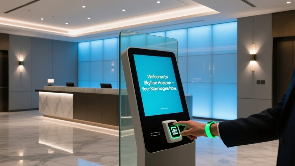 RFID wristband scanning at hotel lobby kiosk during contactless check-in process