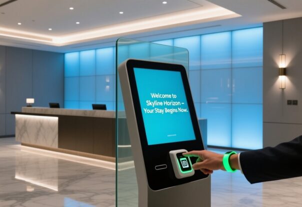 RFID wristband scanning at hotel lobby kiosk during contactless check-in process