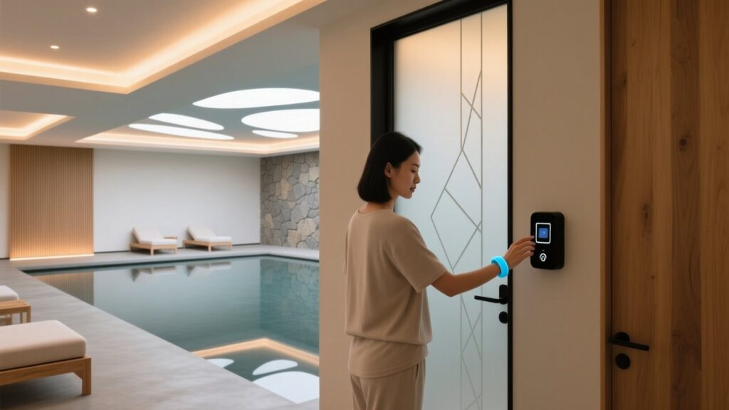 Spa guest tapping waterproof silicone RFID wristband on treatment room door reader in tranquil wellness center.