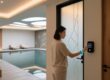 Spa guest tapping waterproof silicone RFID wristband on treatment room door reader in tranquil wellness center.