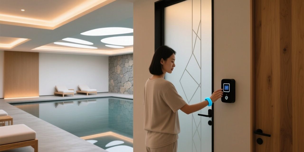 Spa guest tapping waterproof silicone RFID wristband on treatment room door reader in tranquil wellness center.