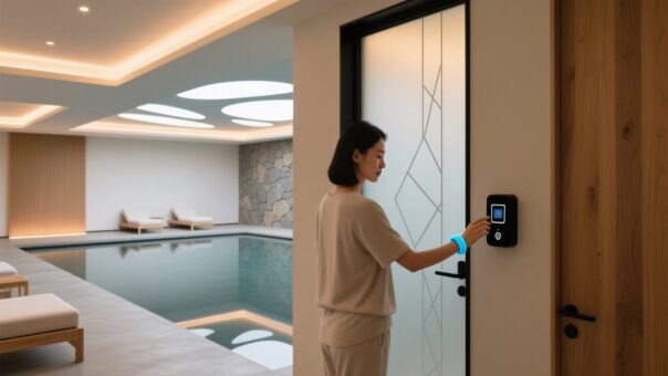 blog-cover-1784188897088 Spa guest tapping waterproof silicone RFID wristband on treatment room door reader in tranquil wellness center.