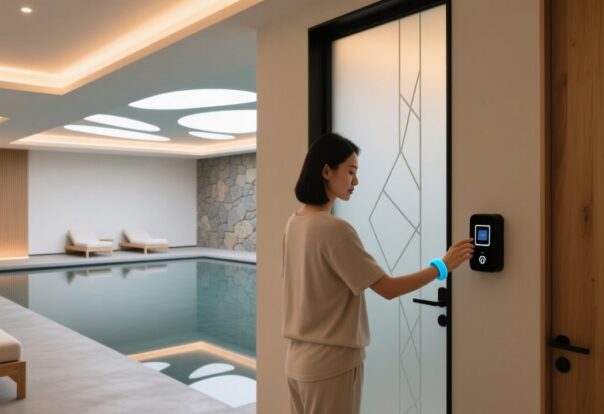 Spa guest tapping waterproof silicone RFID wristband on treatment room door reader in tranquil wellness center.