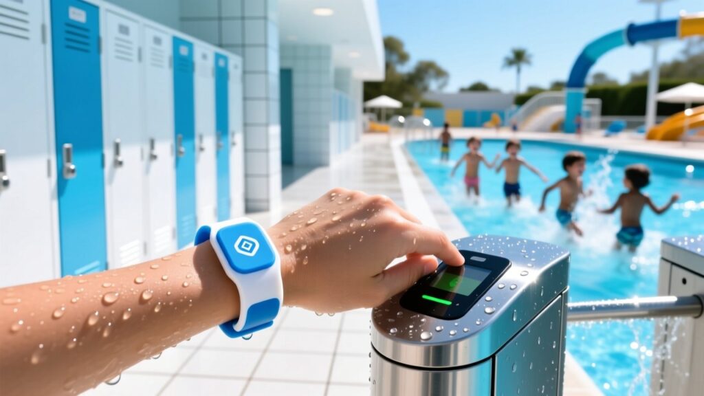 Waterproof silicone RFID wristbands being scanned at a water park gate entry with splash-proof reader, lockers in background, children playing under sunny skies.