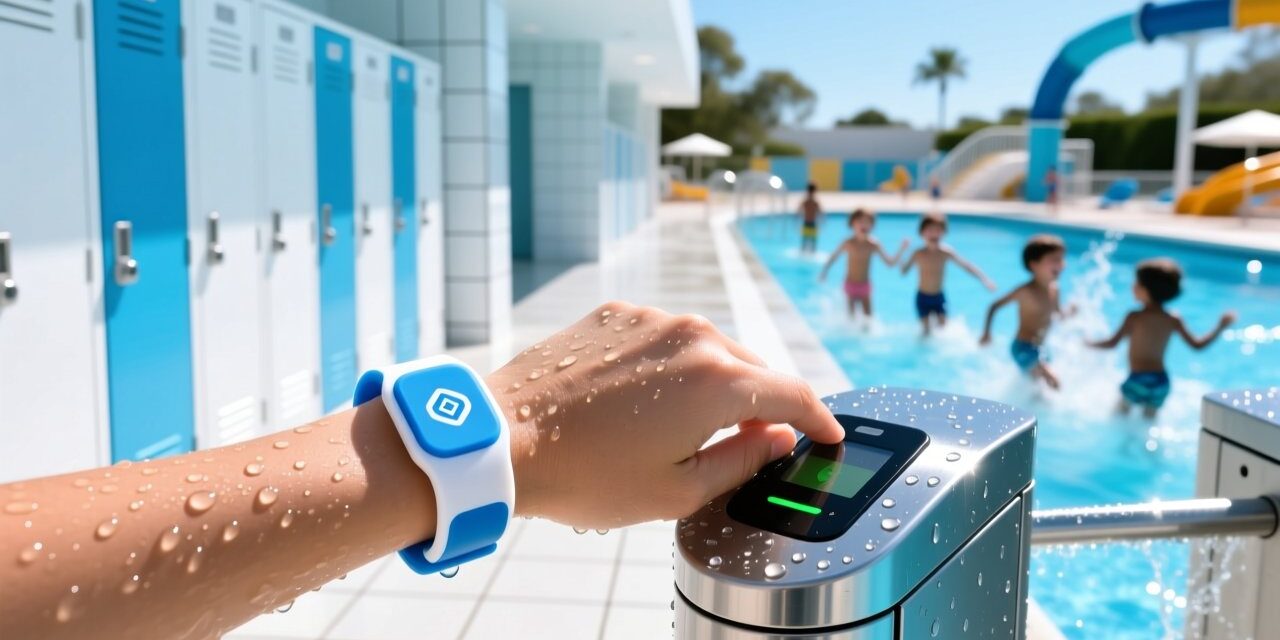 blog-cover-1784189115952 Waterproof silicone RFID wristbands being scanned at a water park gate entry with splash-proof reader, lockers in background, children playing under sunny skies.