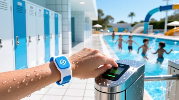 Waterproof silicone RFID wristbands being scanned at a water park gate entry with splash-proof reader, lockers in background, children playing under sunny skies.