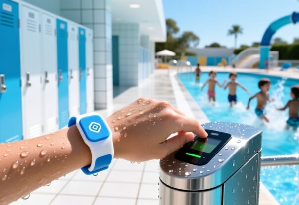 Waterproof silicone RFID wristbands being scanned at a water park gate entry with splash-proof reader, lockers in background, children playing under sunny skies.