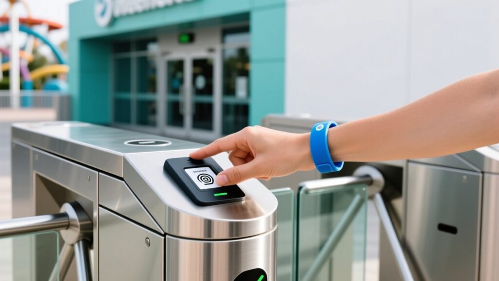 RFID wristbands for theme parks, guest tapping waterproof silicone band at entry turnstile