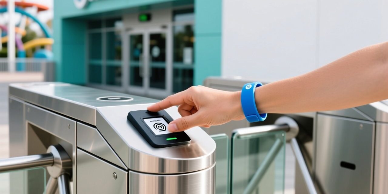 RFID wristbands for theme parks, guest tapping waterproof silicone band at entry turnstile