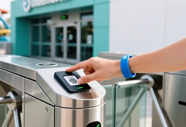 RFID wristbands for theme parks, guest tapping waterproof silicone band at entry turnstile