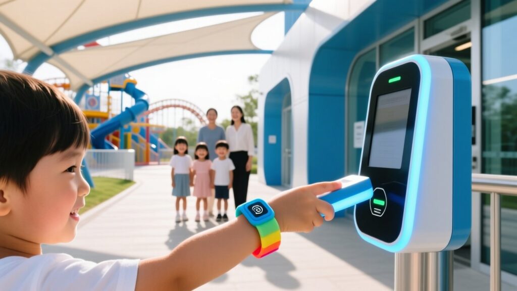 RFID wristbands for kids safety in theme parks, child wearing silicone band with chip, amusement park background, family-friendly technology