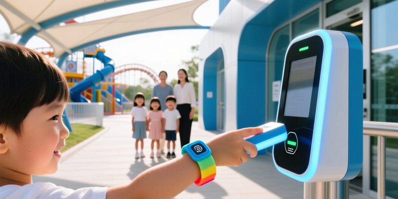 RFID wristbands for kids safety in theme parks, child wearing silicone band with chip, amusement park background, family-friendly technology