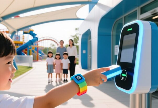RFID wristbands for kids safety in theme parks, child wearing silicone band with chip, amusement park background, family-friendly technology