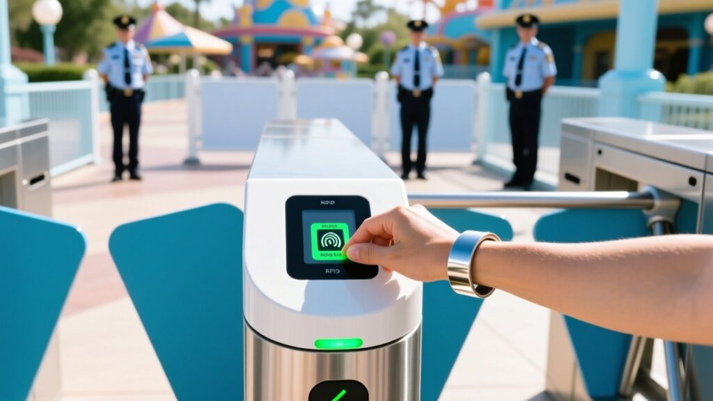 Theme park entrance gate with guest scanning RFID wristband on modern turnstile reader, security team in background