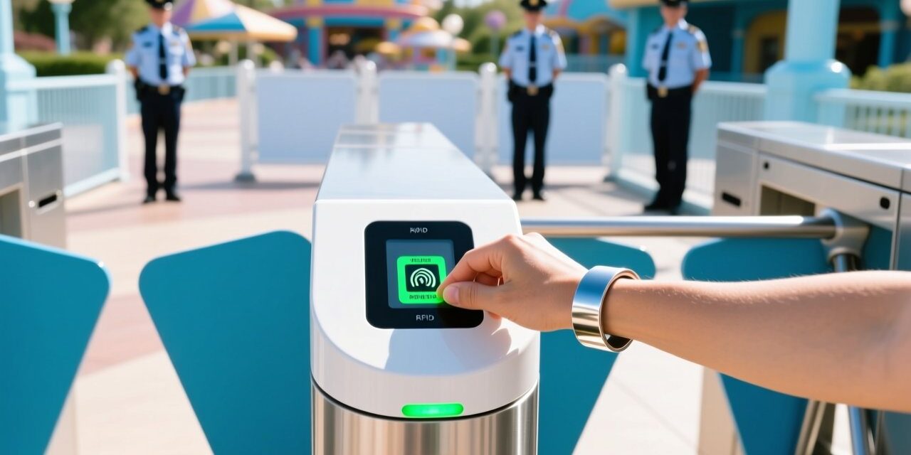 blog-cover-1784189899305 Theme park entrance gate with guest scanning RFID wristband on modern turnstile reader, security team in background