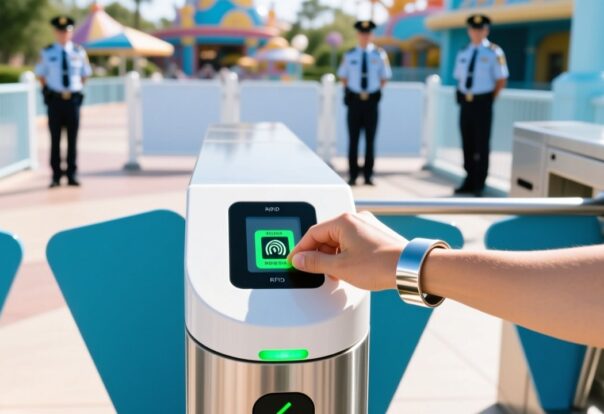 Theme park entrance gate with guest scanning RFID wristband on modern turnstile reader, security team in background