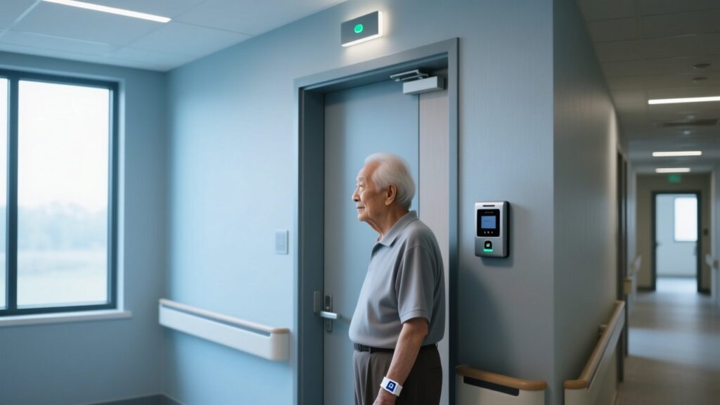 RFID wristband on senior resident wrist with door reader in care home background