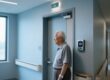 RFID wristband on senior resident wrist with door reader in care home background