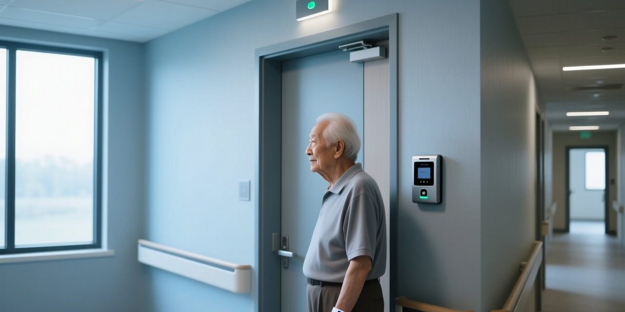 blog-cover-1787538899760 RFID wristband on senior resident wrist with door reader in care home background