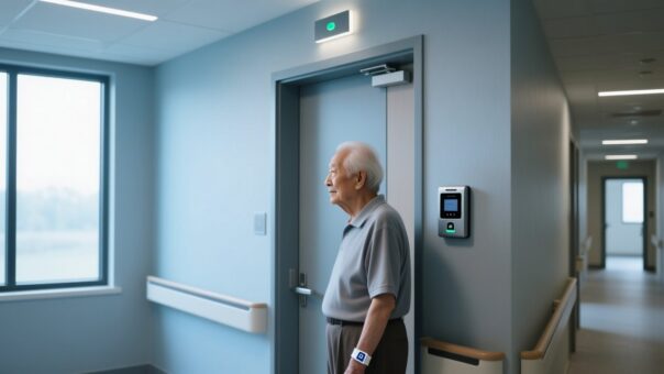blog-cover-1787538899760 RFID wristband on senior resident wrist with door reader in care home background