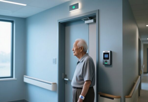 blog-cover-1787538899760 RFID wristband on senior resident wrist with door reader in care home background