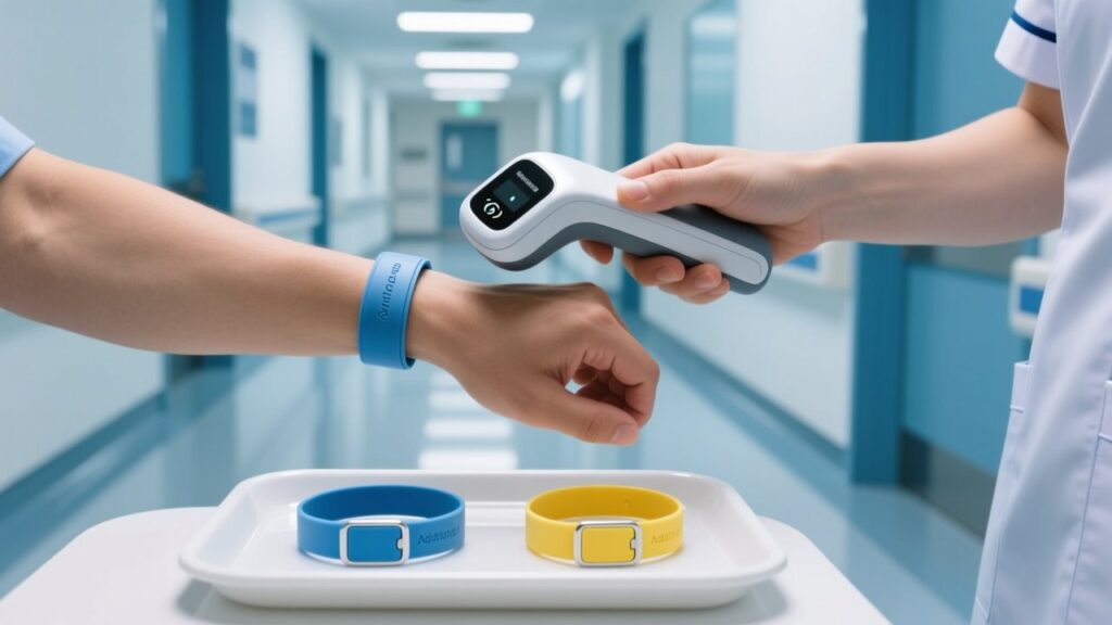 RFID patient wristband on adult and newborn hospital identification bands with handheld reader