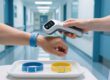 RFID patient wristband on adult and newborn hospital identification bands with handheld reader