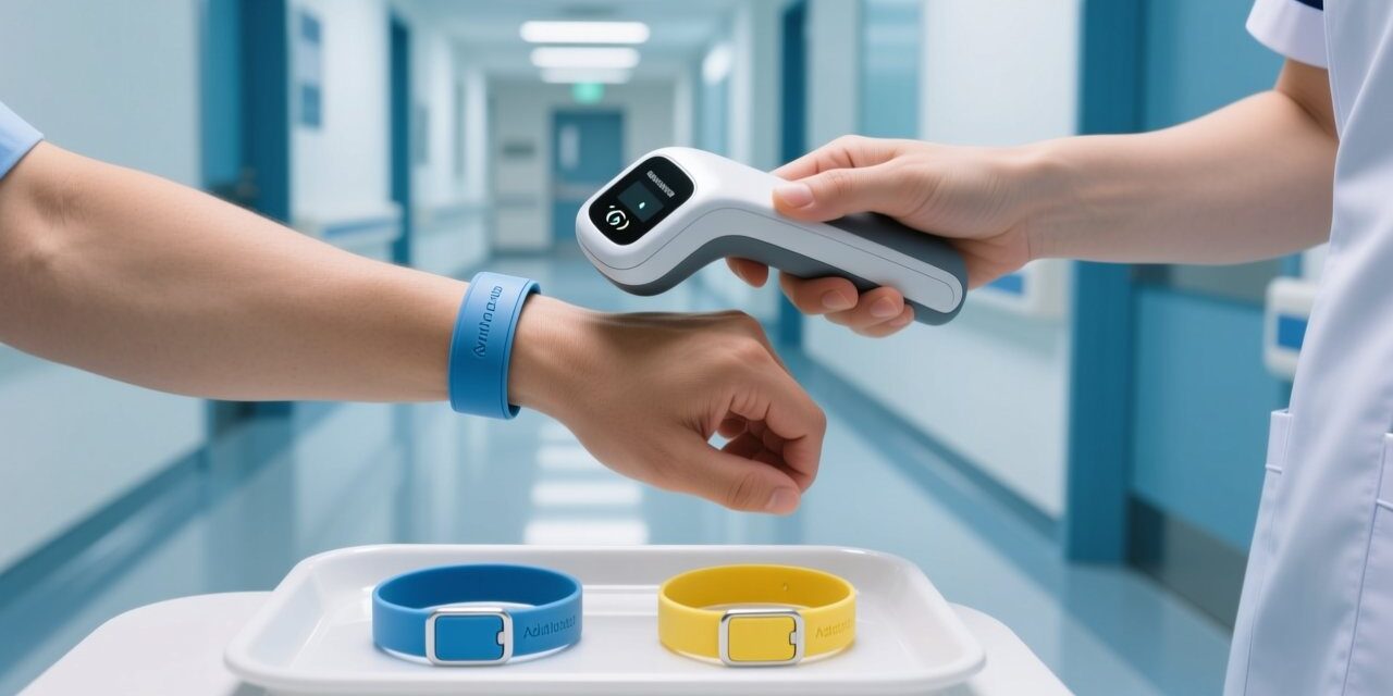 RFID patient wristband on adult and newborn hospital identification bands with handheld reader