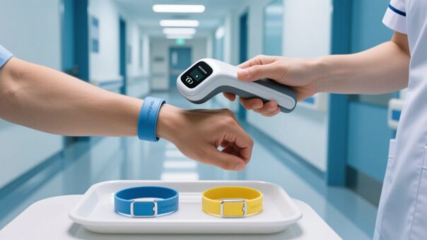 RFID patient wristband on adult and newborn hospital identification bands with handheld reader