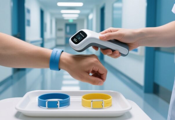 blog-cover-1787538996612 RFID patient wristband on adult and newborn hospital identification bands with handheld reader