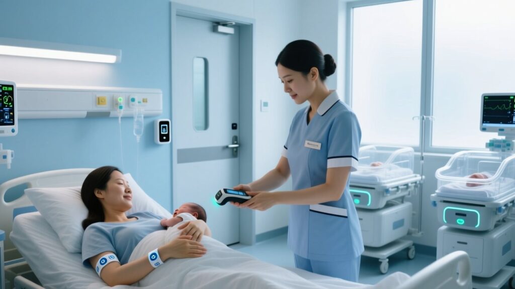 RFID wristbands for mother-baby matching in maternity ward with nurse scanning newborn wristband