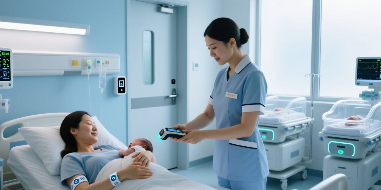 RFID wristbands for mother-baby matching in maternity ward with nurse scanning newborn wristband