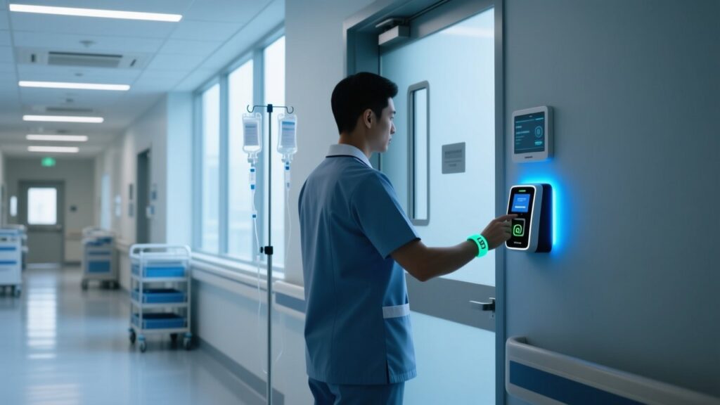 Hospital staff wearing RFID silicone wristband tapping secure ward access reader