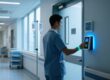 Hospital staff wearing RFID silicone wristband tapping secure ward access reader