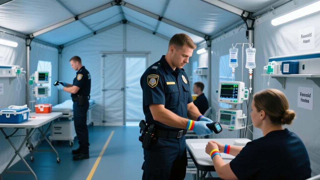 Emergency responder scanning color-coded RFID triage wristband on patient in field hospital