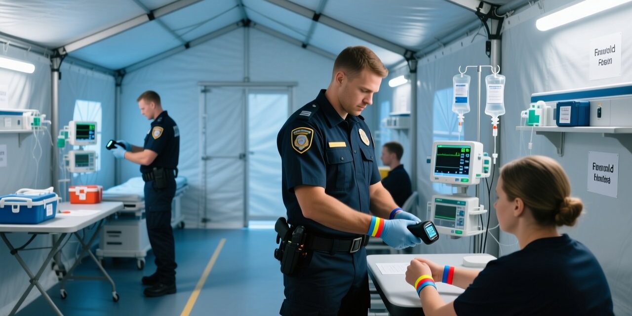 blog-cover-1787539677783 Emergency responder scanning color-coded RFID triage wristband on patient in field hospital
