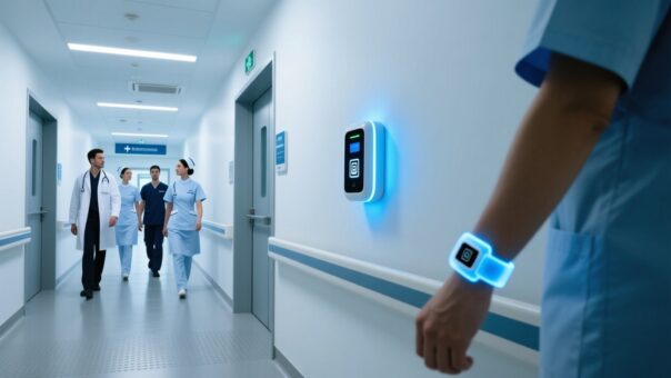 blog-cover-1787539735419 Hospital staff wearing RFID silicone wristbands at secure ward access point