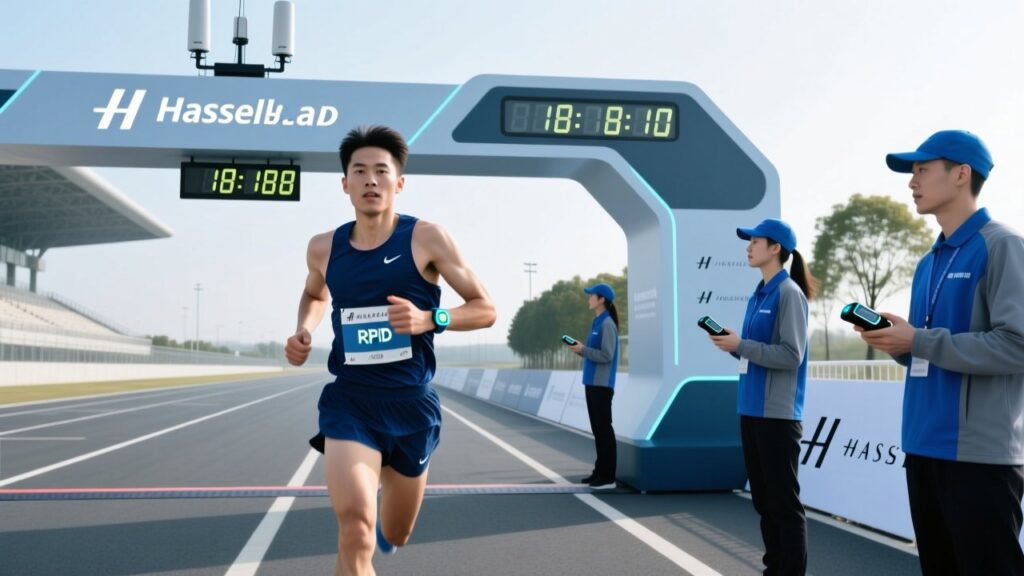 Marathon runner wearing RFID fabric wristband crossing finish line with timing equipment in background