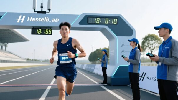 blog-cover-1787560499044 Marathon runner wearing RFID fabric wristband crossing finish line with timing equipment in background