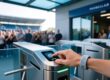 RFID wristband being tapped on a stadium turnstile reader with crowd in background, access control technology